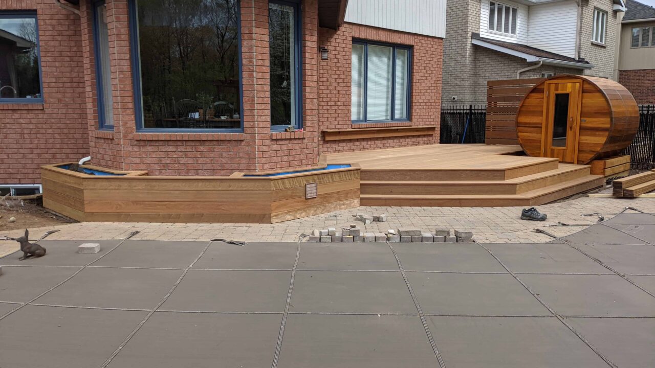Unoiled IPE poolside deck and planter details before finish