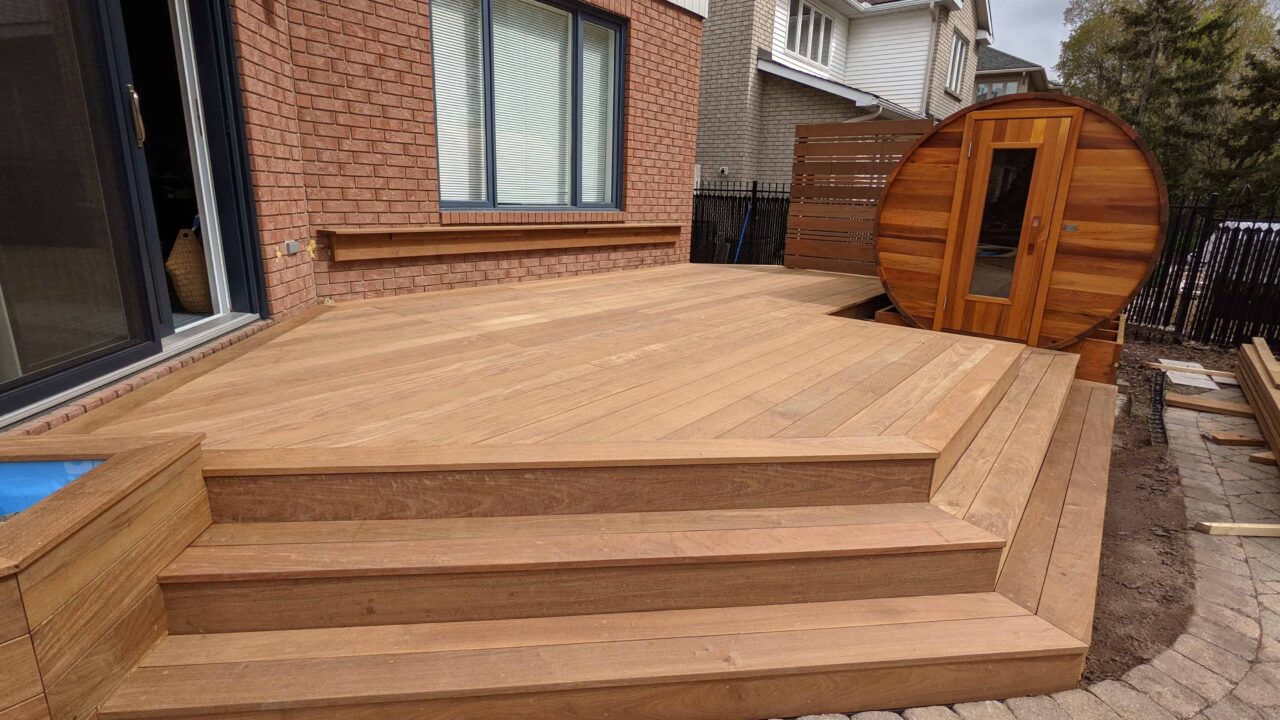 Unoiled IPE deck and stair during installation in Kanata