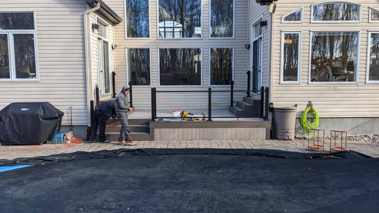 Poolside Cabana Latte deck installation beside an above-ground pool